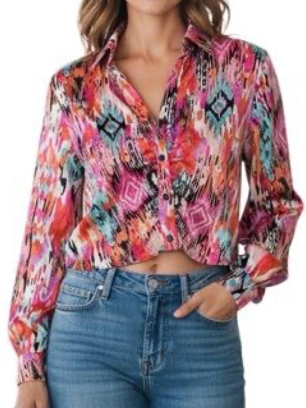 ✨Ro & De Multicolor Abstracto Cropped Button-Down Size M